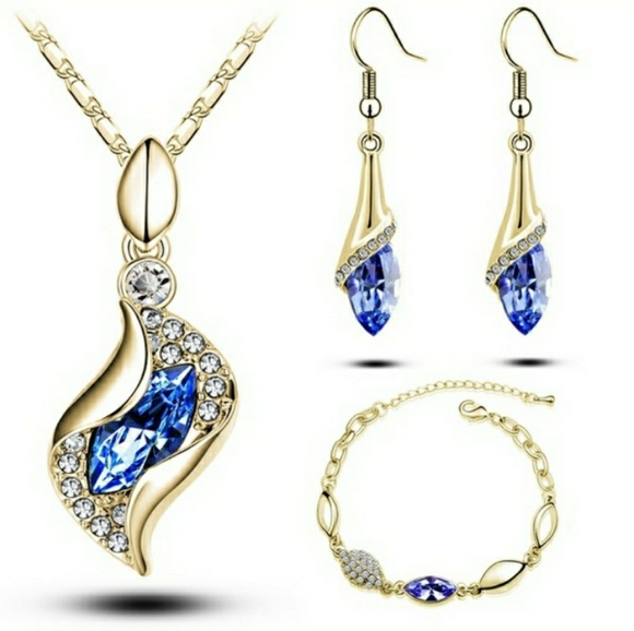 Poshology Jewelry - Blue Gold Plated Necklace Earrings and Bracelet